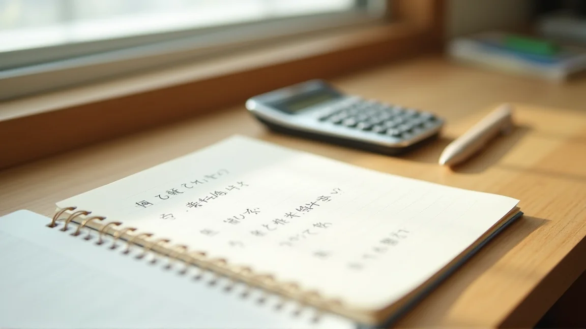 質問メモと電卓を並べた机
