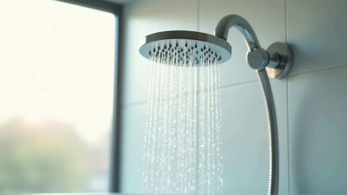 節水シャワーヘッドから流れる水のクローズアップ