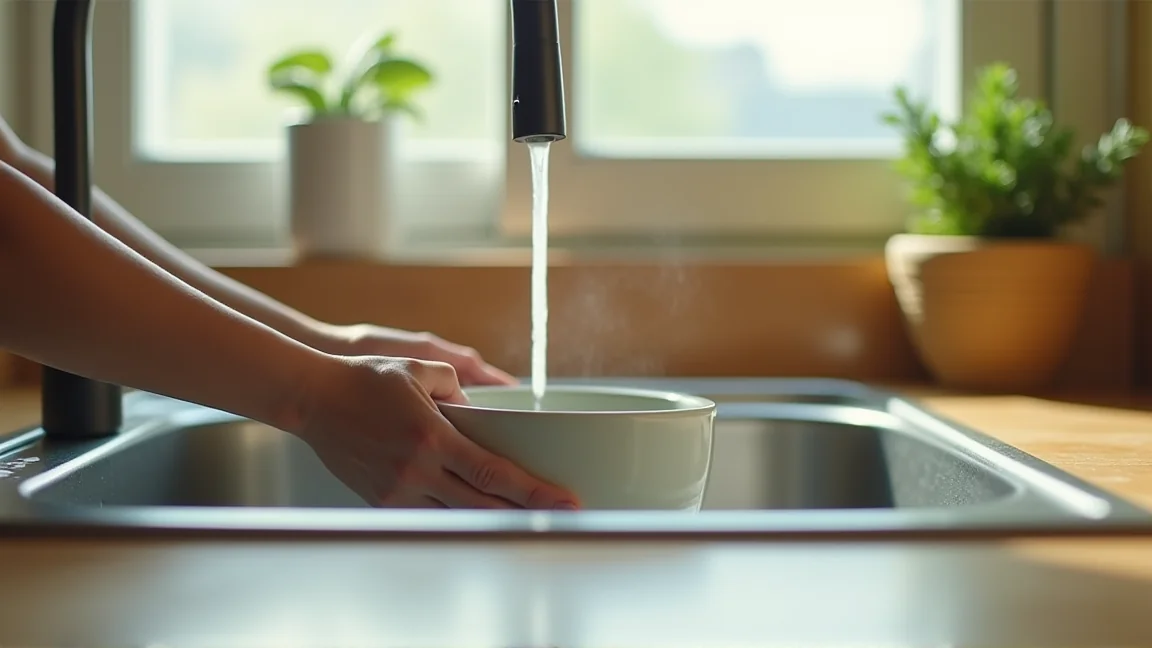 キッチンシンクで節水しながら食器をすすぐ様子