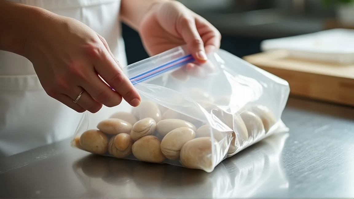 冷凍用保存袋にしじみを平らに並べ空気を抜いている様子