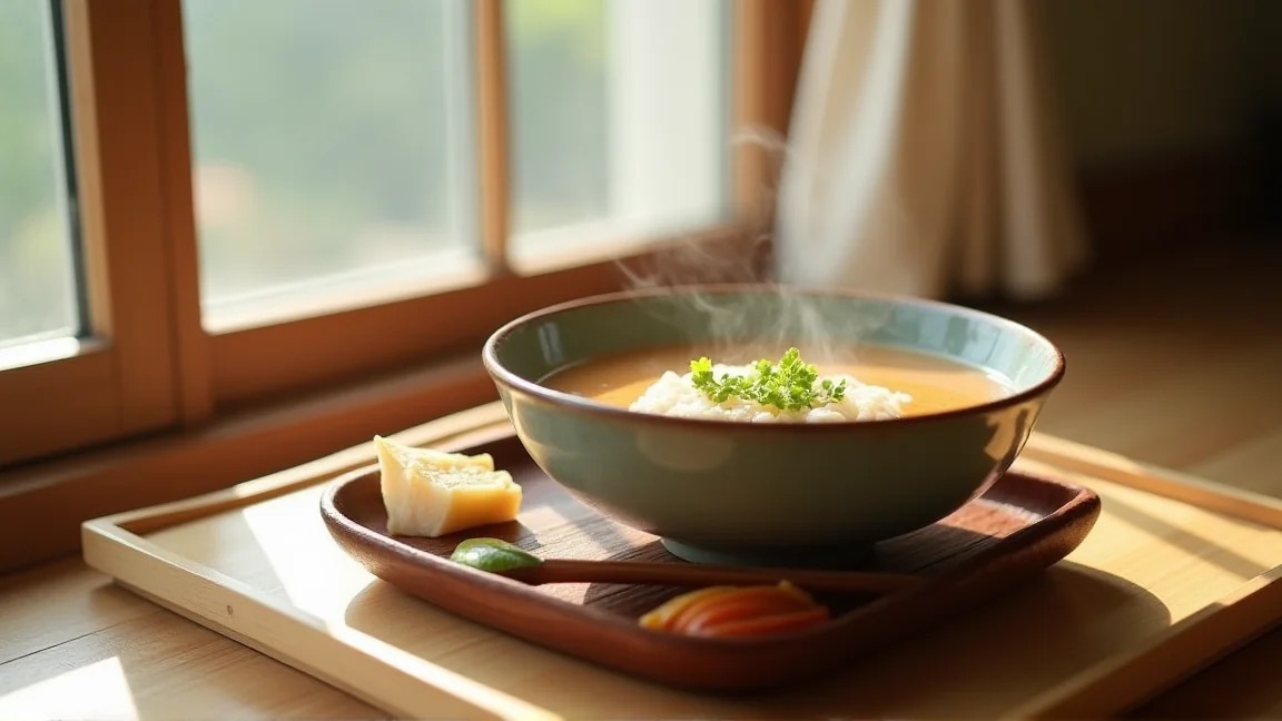 朝食のしじみの味噌汁が湯気を立てている食卓