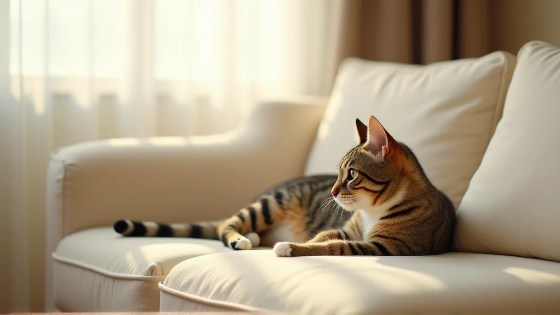 布ソファの上で休む猫と日差し