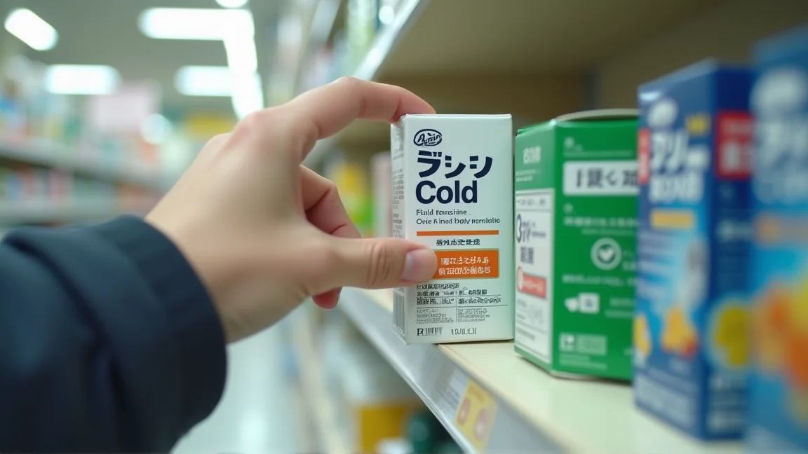 ドラッグストアの市販薬売り場で薬を選ぶ手元