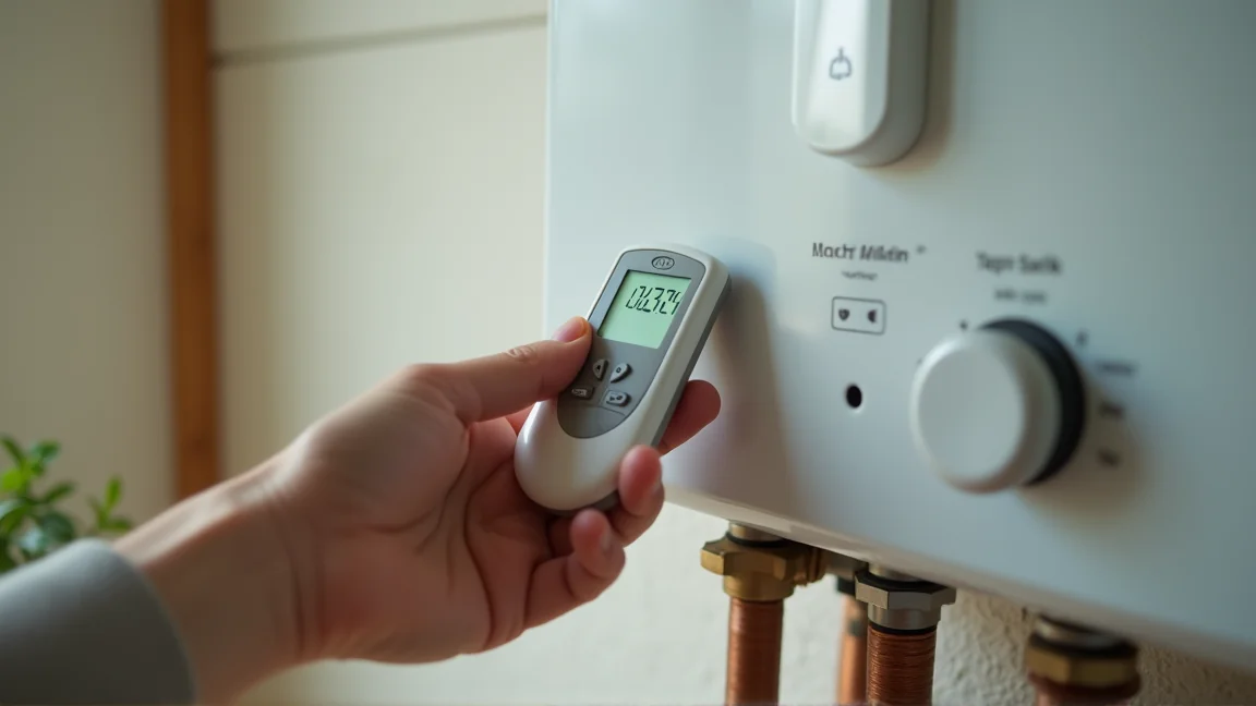 給湯器の型番ラベルとリモコンを照らし合わせている手元