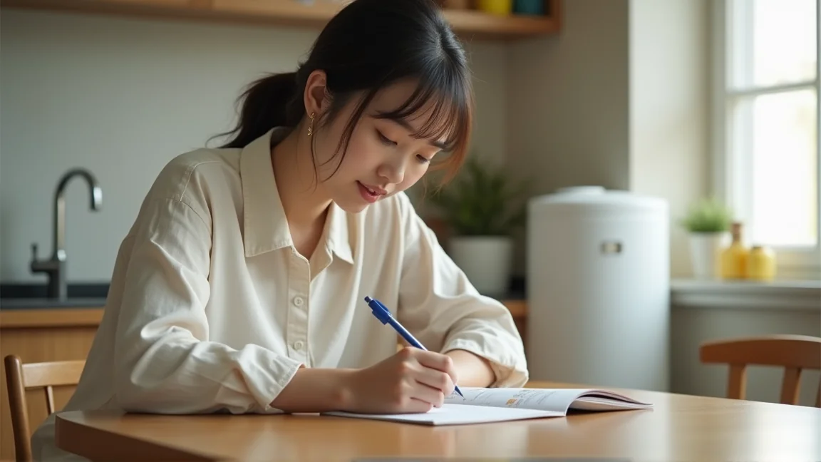 メモを取りながら給湯器の取扱説明書を読む様子