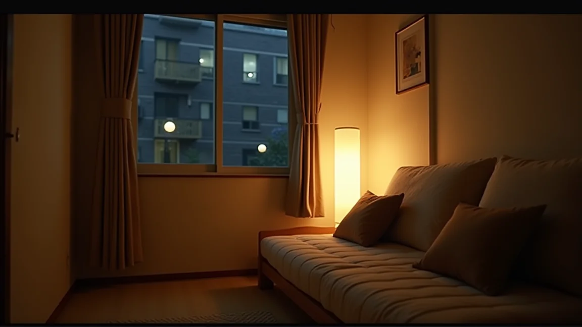 夜の一人暮らしの部屋で間接照明だけを灯したリビング