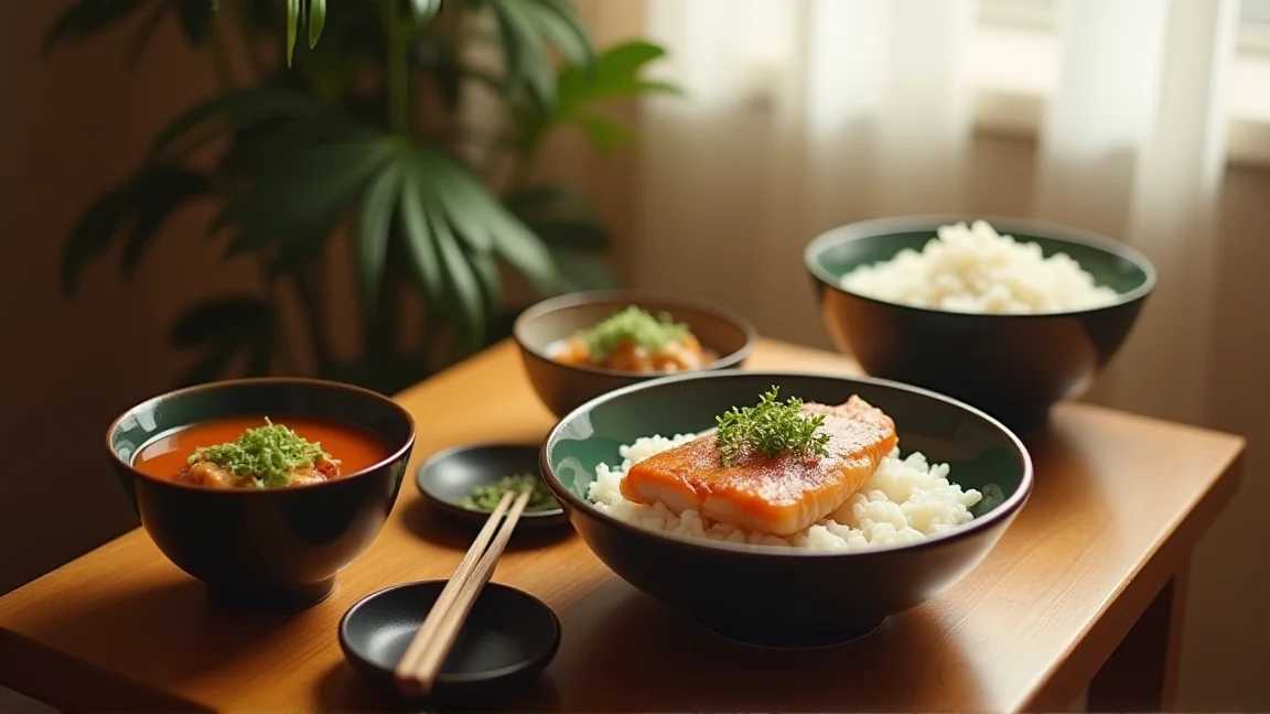 夜の食卓に並ぶ温かい味噌汁とご飯のシンプルな食事