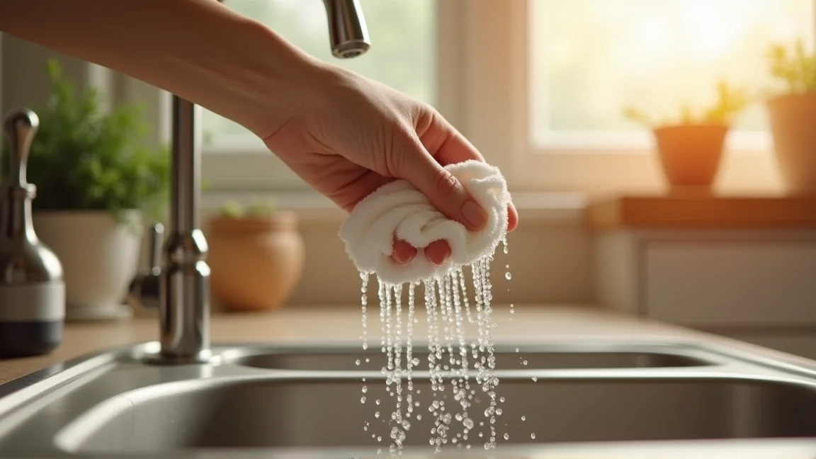蛇口を布で拭いて水気をオフにしている様子