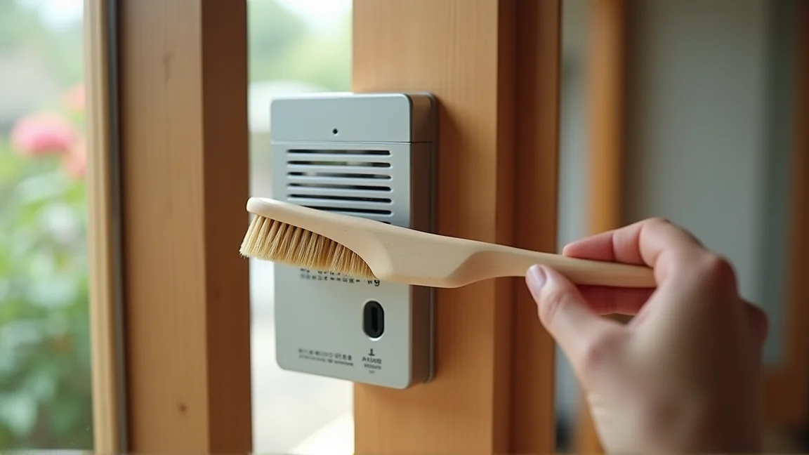 玄関子機のマイク部分をブラシで掃除する様子