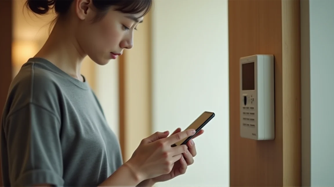 賃貸の管理会社へ電話しながらインターホンを見上げる住人の手元