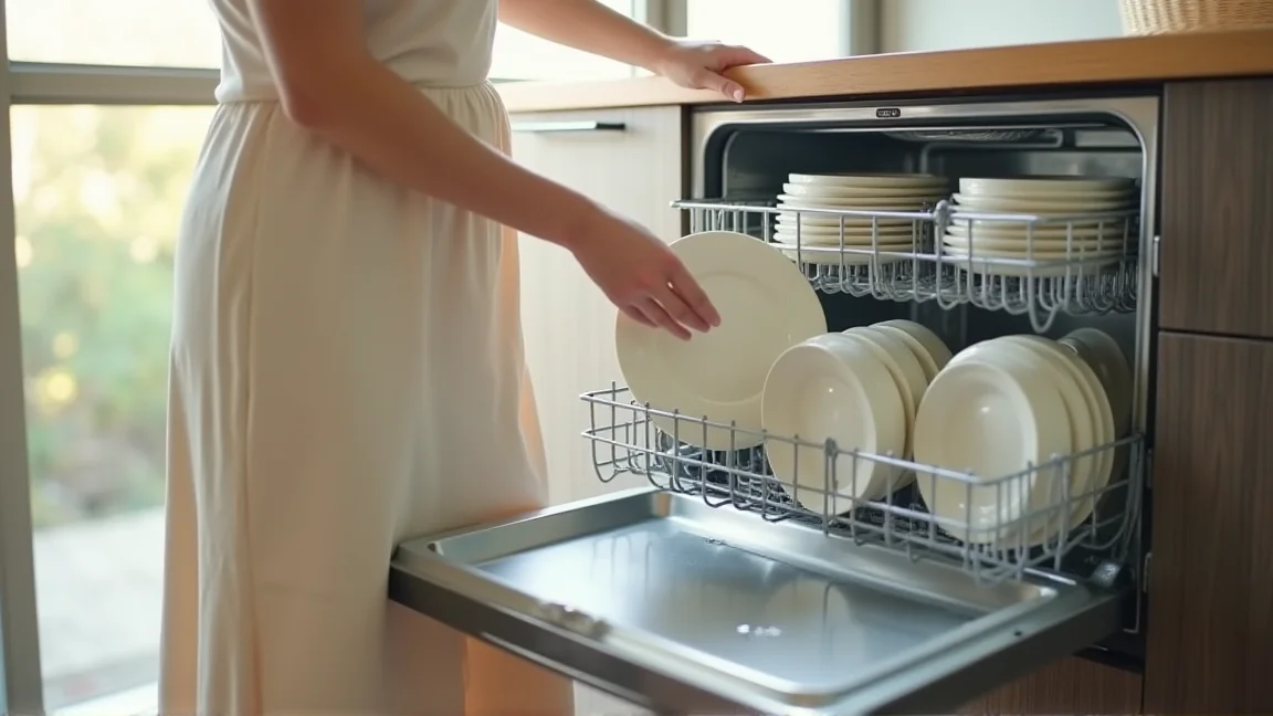 食洗機の扉を開け、水滴が残った皿を確認している様子