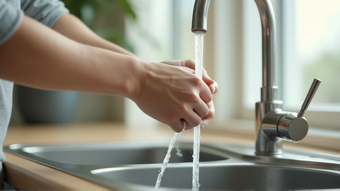 給湯側の蛇口を開いて食洗機に温水を供給する場面