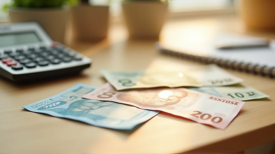 電卓と通貨で教育費の月額を計算するシーン