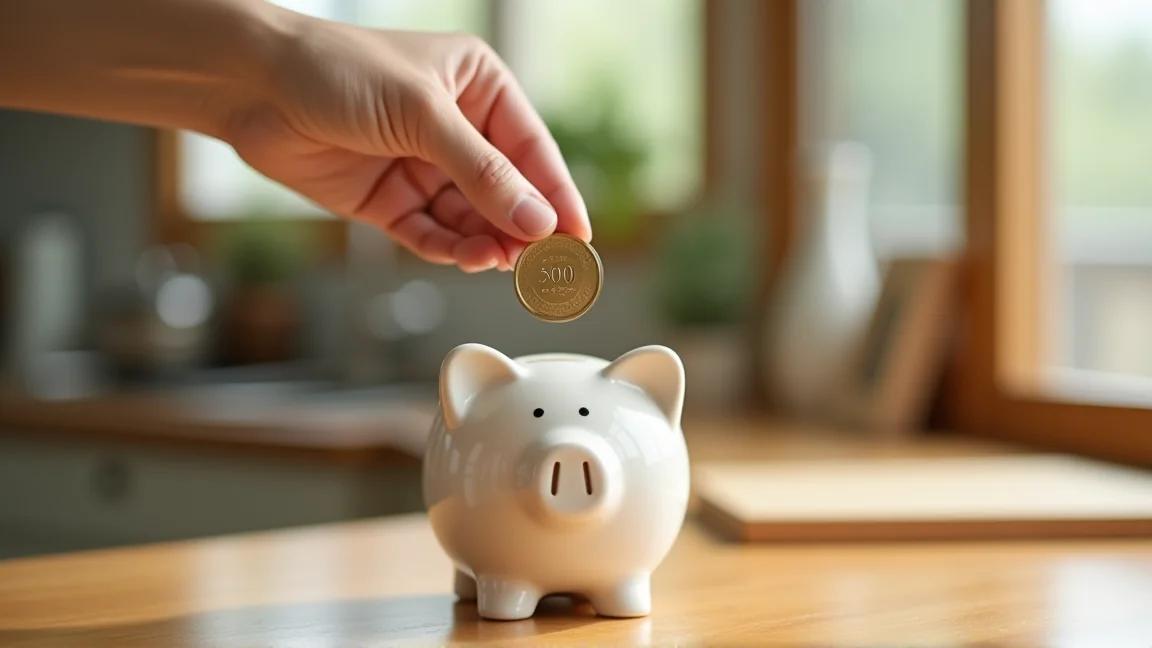 財布から500円玉を取り出して貯金箱に入れている手元