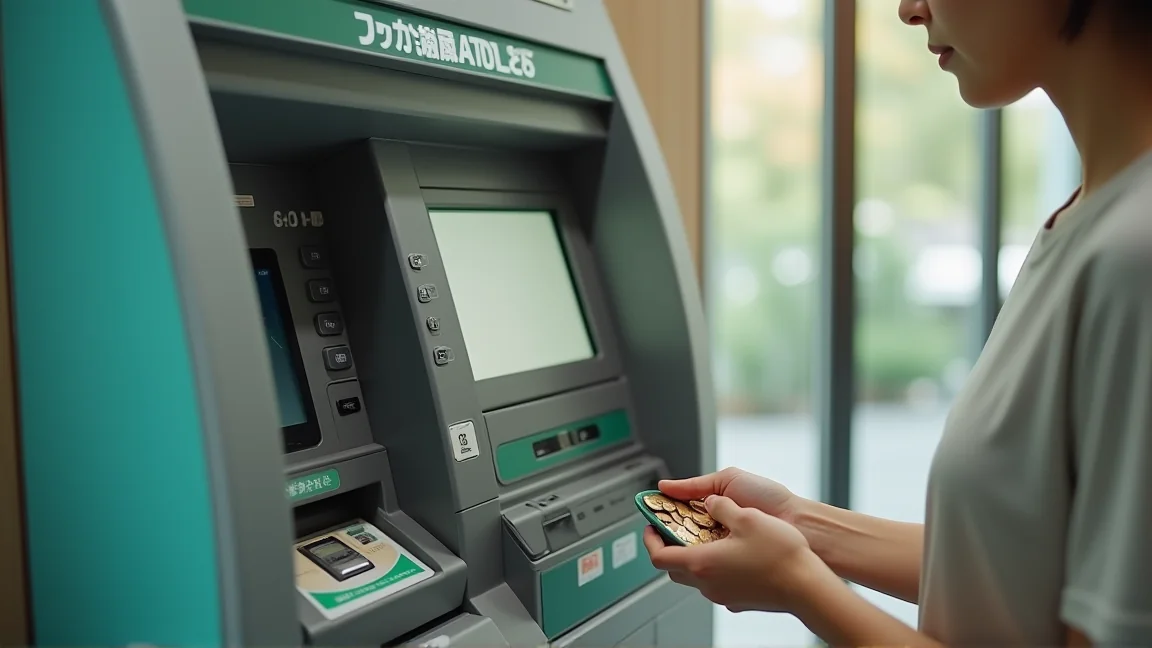 銀行のATMコーナーで硬貨を入金している様子