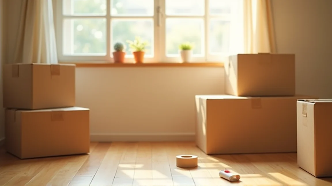 引っ越し荷物の段ボールが並ぶ部屋