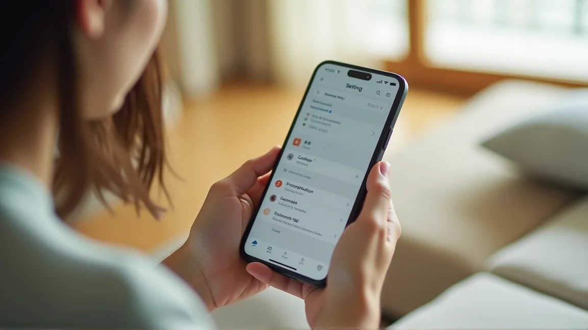 スマートフォンでSNSの位置情報設定を確認する女性の手元