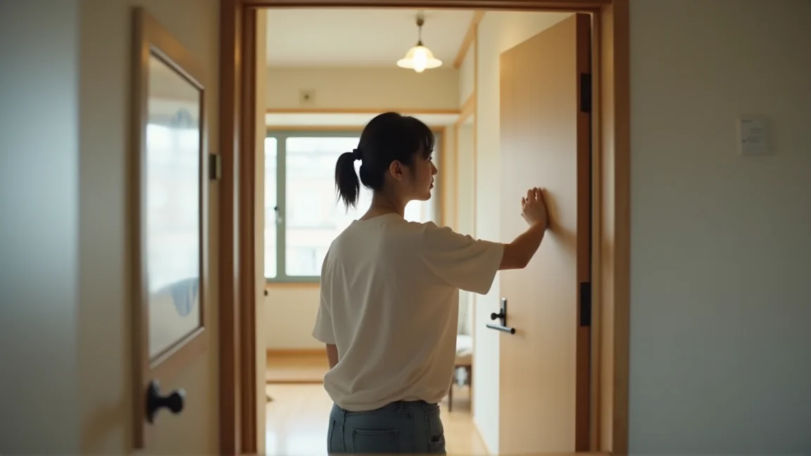 内見時に玄関の鍵まわりを確認する様子