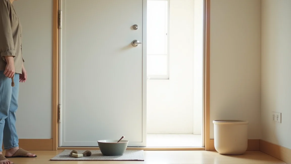 賃貸の白いドアと蝶番をメンテナンスする様子