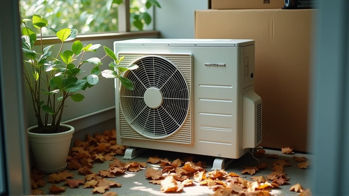 室外機の周囲に落ち葉や植木鉢が密着しているNG例