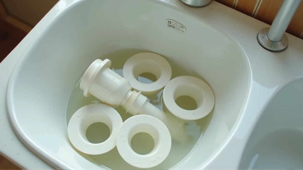 排水トラップのパーツを漂白剤につけ置きしている様子