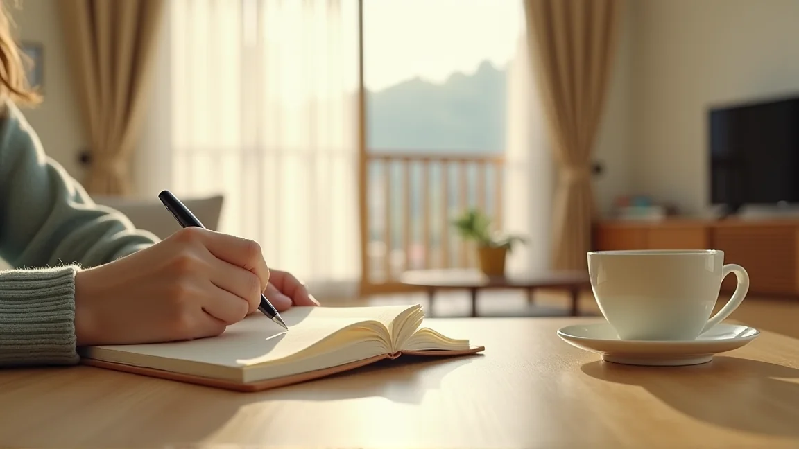 明るいリビングで家計の見直しメモを書く様子