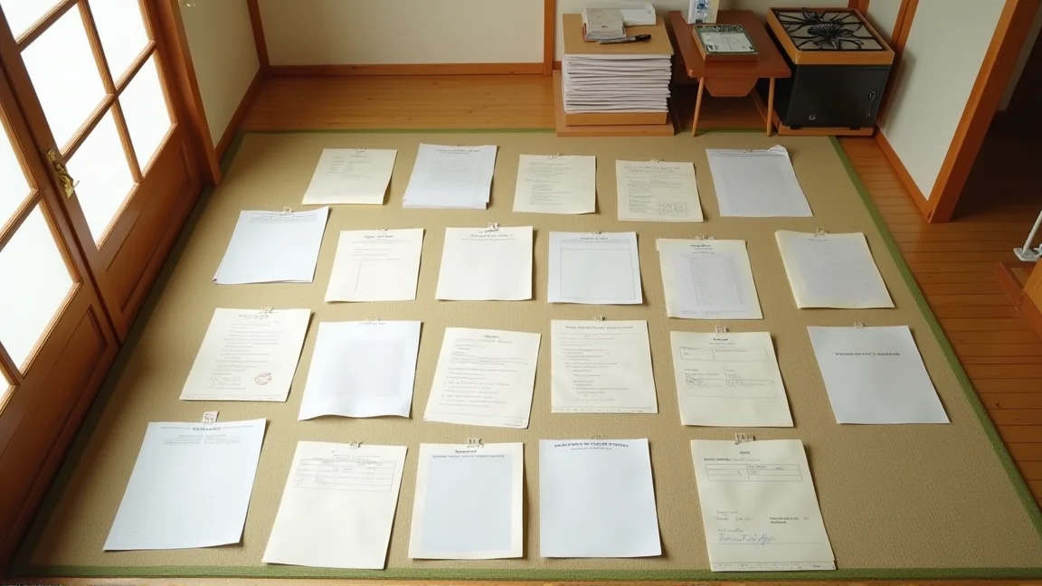 床に書類を広げて分類している様子