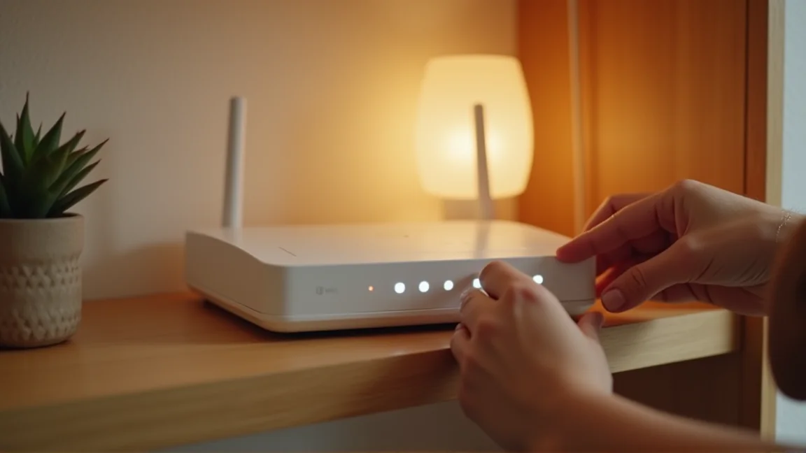 WiFiルーターのランプを確認する手元