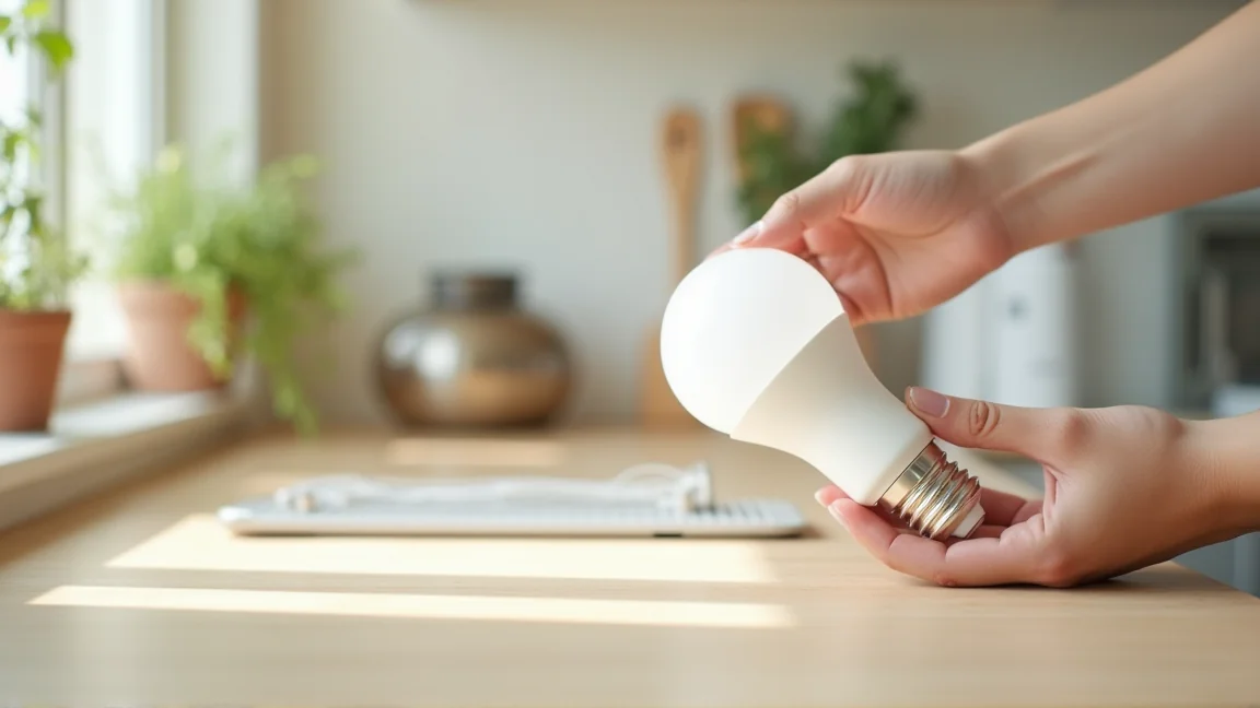 LED電球とシーリングライトのパッケージ表記を確認する手元