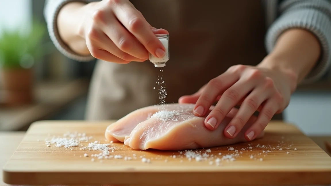 鶏むね肉に塩と砂糖をすり込む手元