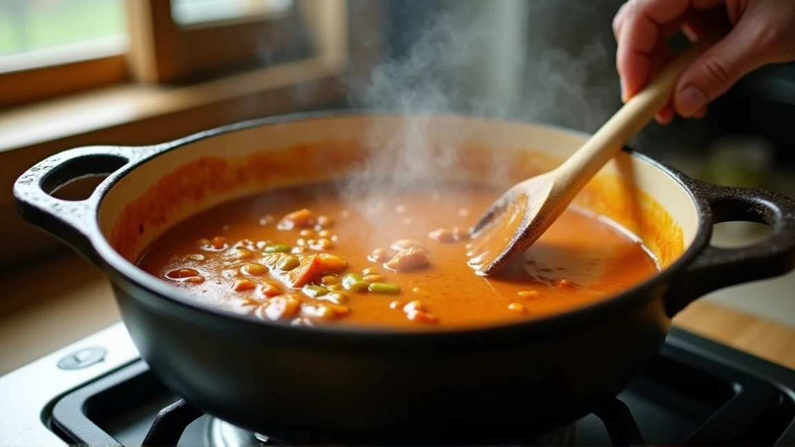 鍋の中で煮込まれたカレーと木べら