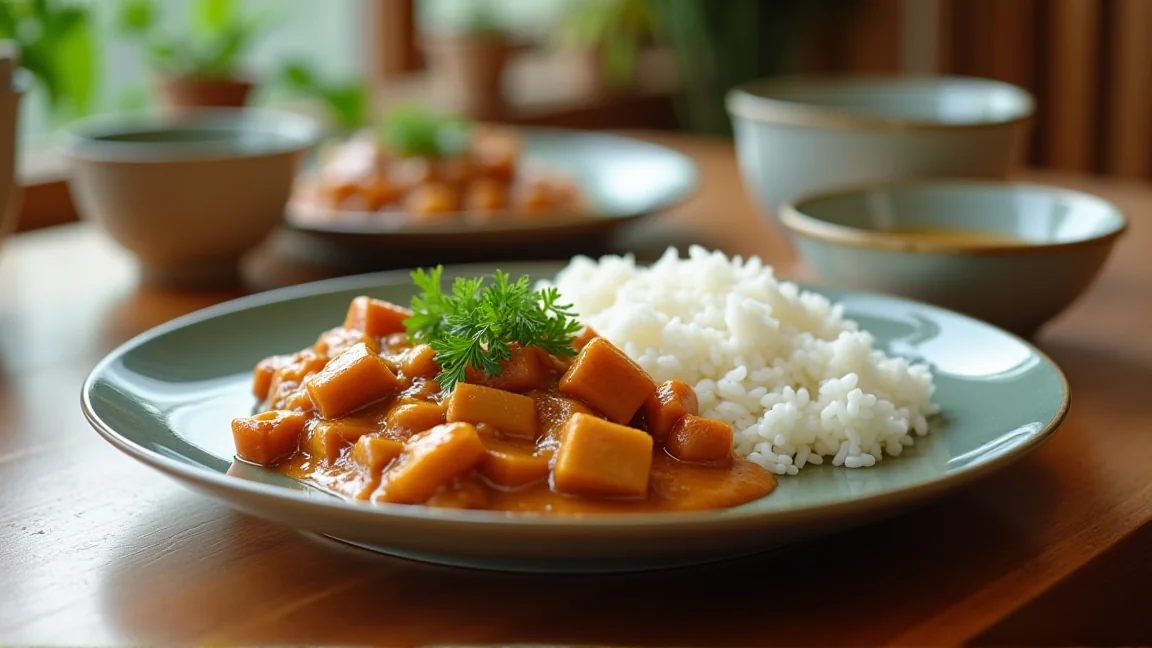 解凍してお皿に盛り付けたカレーとライス