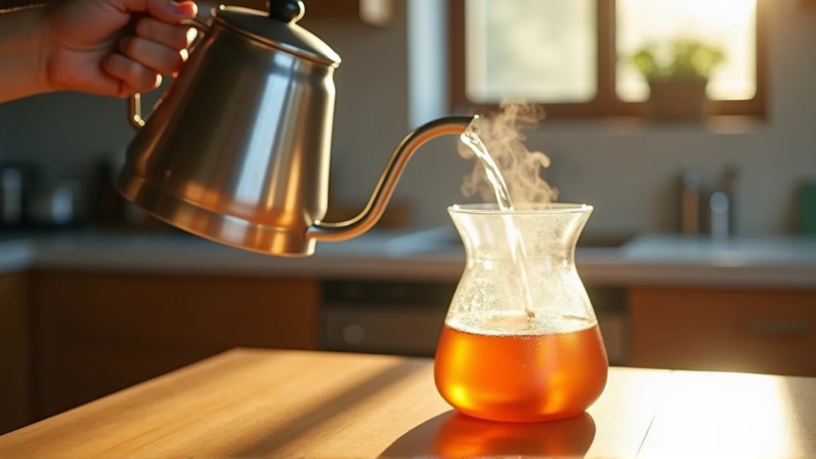 鍋でやかんから麦茶を煮出す様子