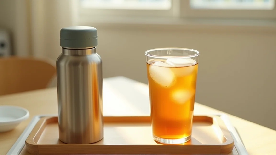子ども用ステンレス水筒と氷入りの麦茶