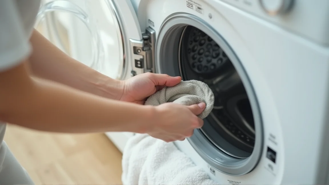 ドラム式洗濯機の排水フィルターを掃除する様子