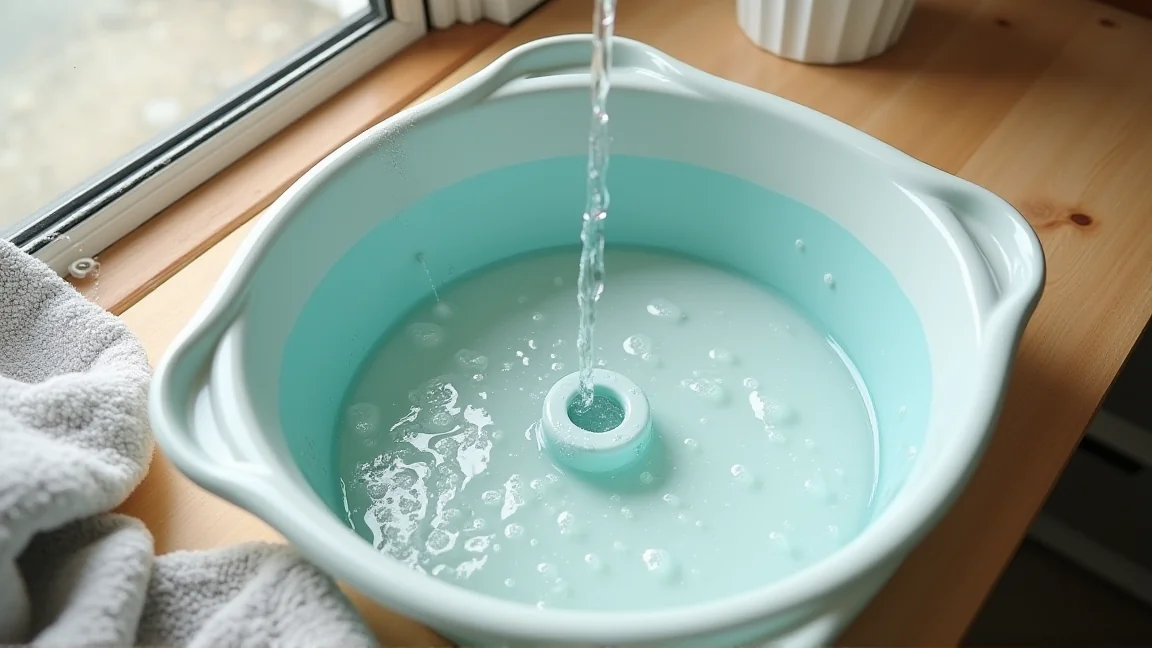 防水パンに広がった水たまりとタオルでの吸水