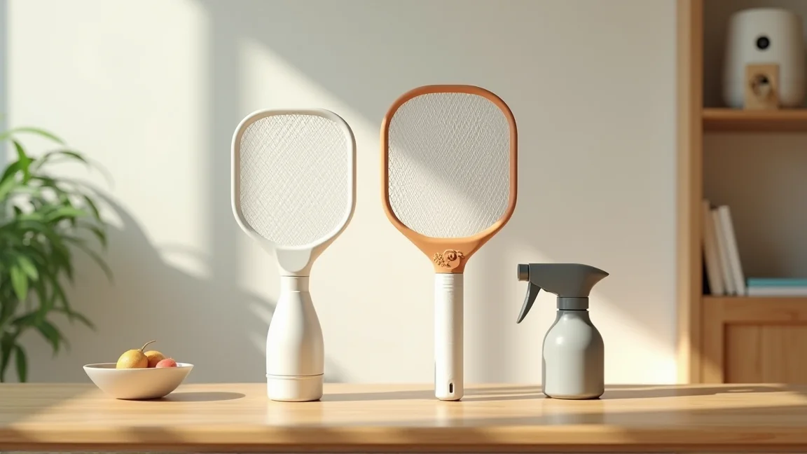 電撃ラケット・蚊取りスプレー・掃除機のノズルが机に並んだ様子