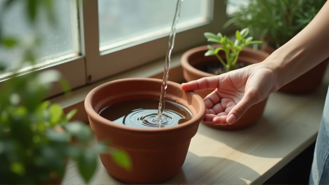 ベランダの植木鉢の受け皿にたまった水を空けるシーン