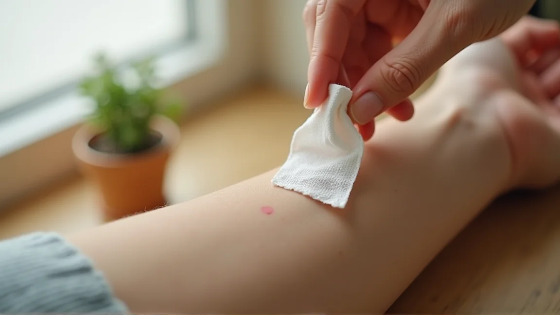 刺された腕に保冷剤を当てて冷やす様子