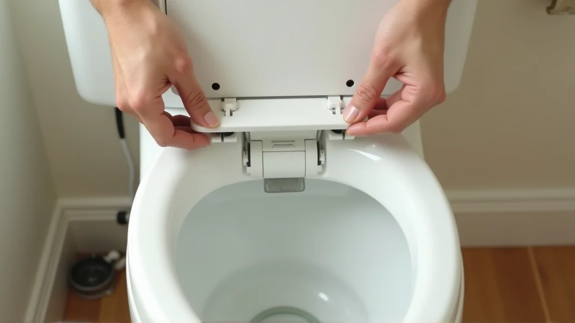 トイレタンクのフタを開けて内部のフロート弁を点検している手元