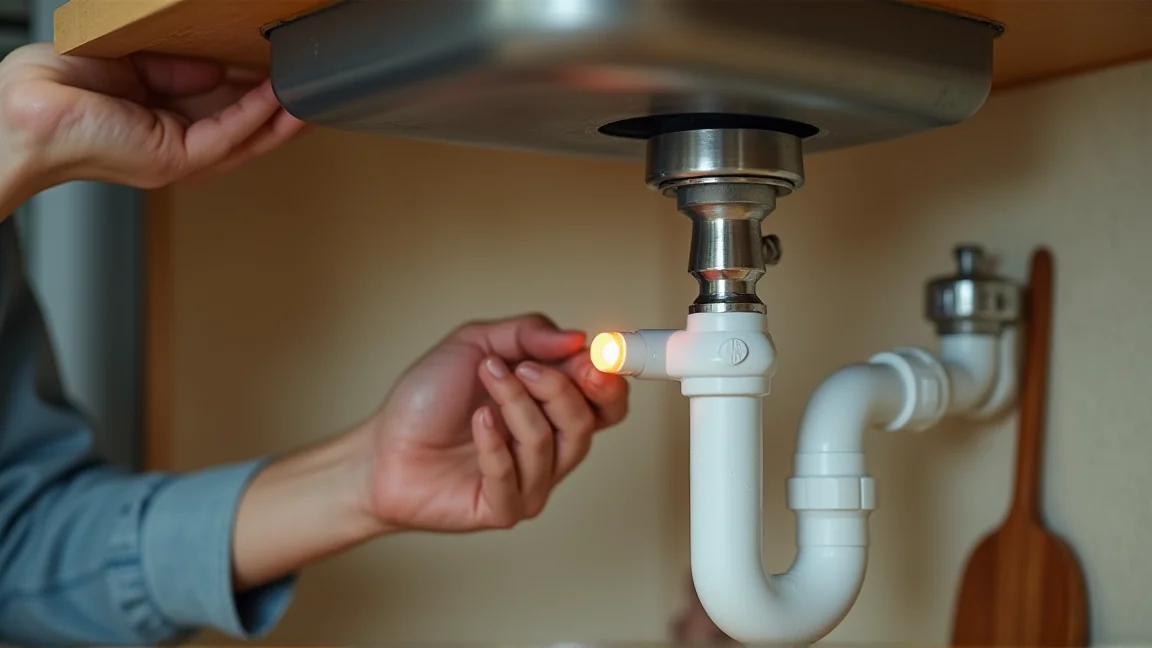 キッチンシンク下の配管を懐中電灯で点検している様子