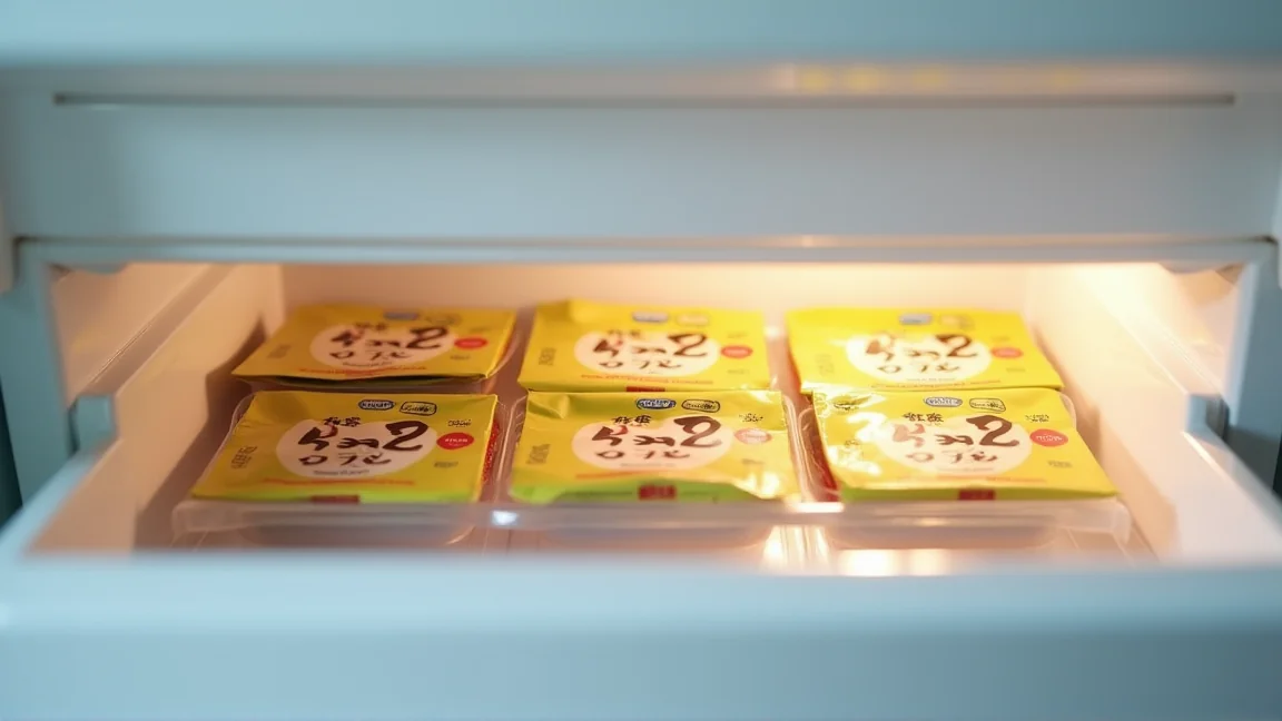 冷凍庫にパックのまま並べた納豆