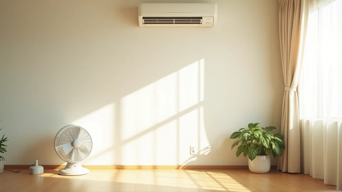 夏のリビングで扇風機とエアコンを併用している様子