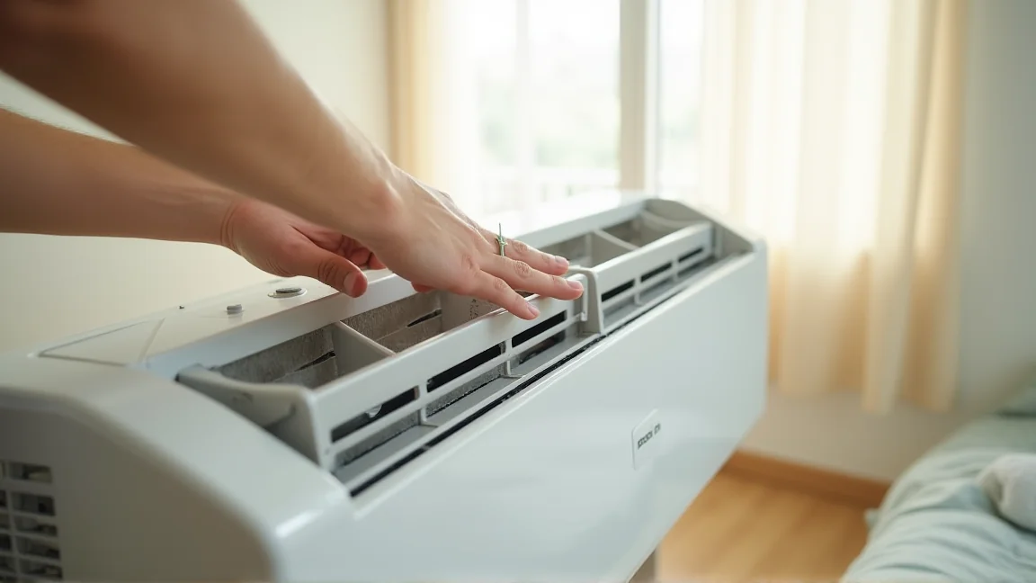 エアコンのフィルターを取り外して掃除機でホコリを吸っている様子