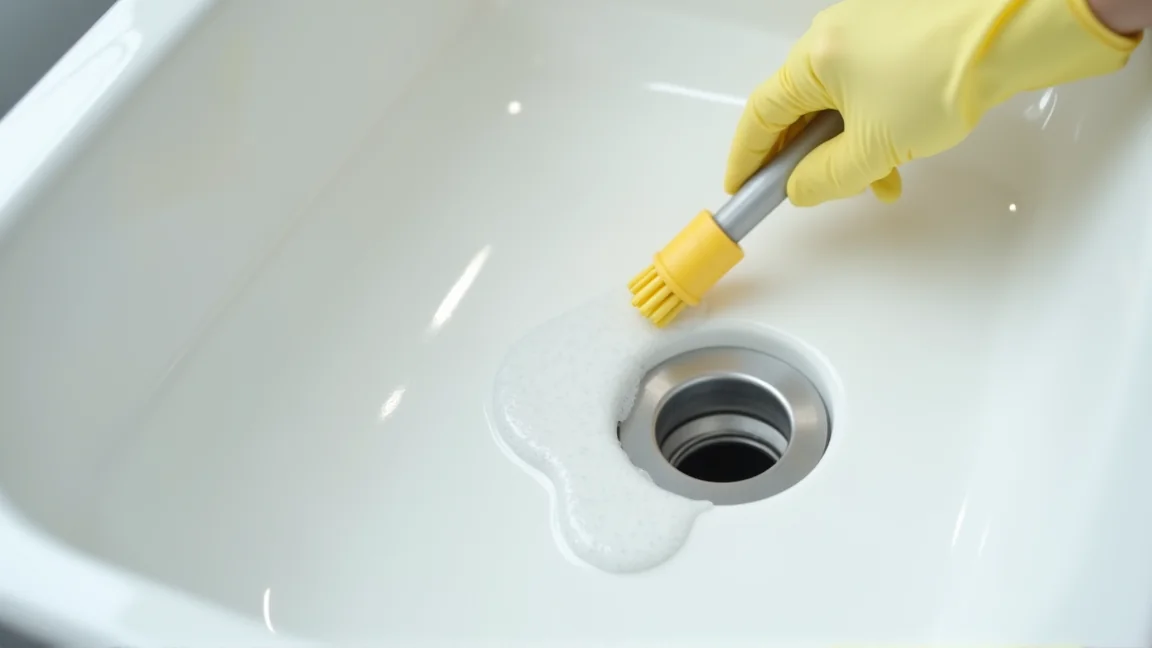 オーバーフロー穴や排水口の縁を歯ブラシで掃除する様子