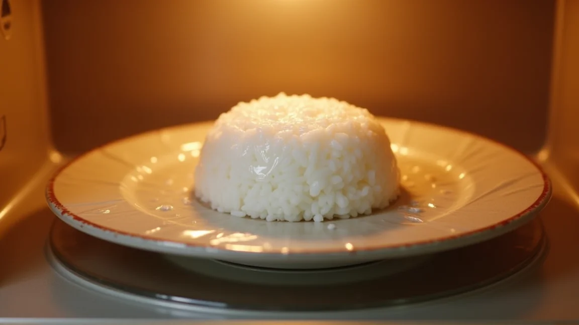 ラップで包んだ冷凍ご飯を電子レンジの中央に置いた様子