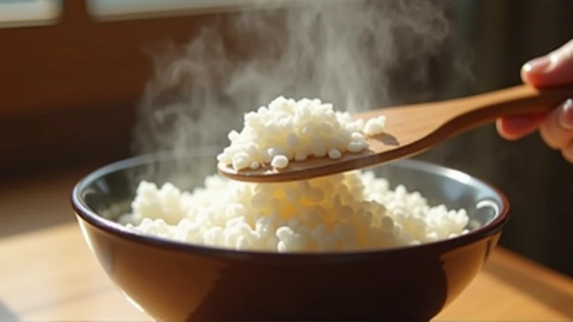 ほぐした冷凍ご飯から湯気が立っている様子