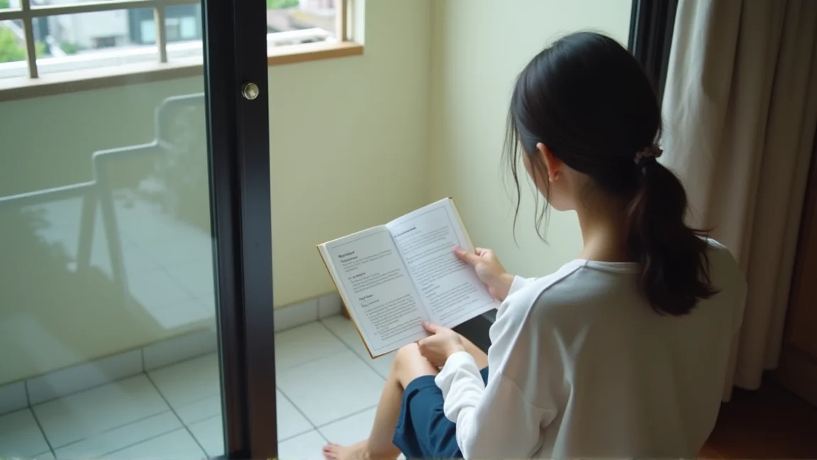 マンションのベランダで管理規約をチェックしている様子