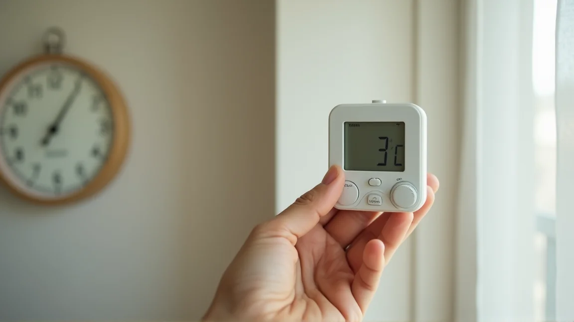 エアコンのリモコンで設定温度を調整する手元