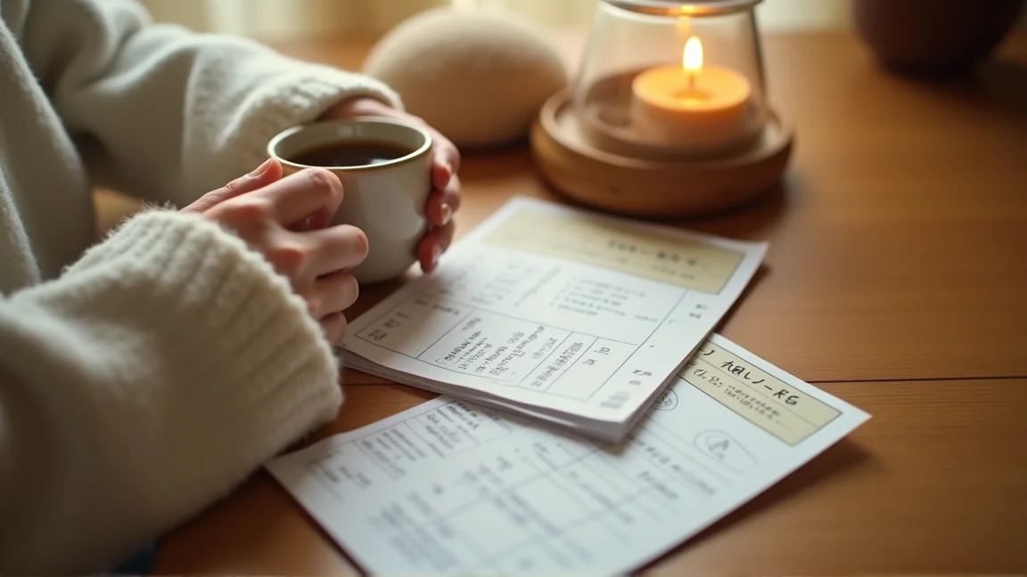 マグカップを片手に検針票を見比べる女性の手元